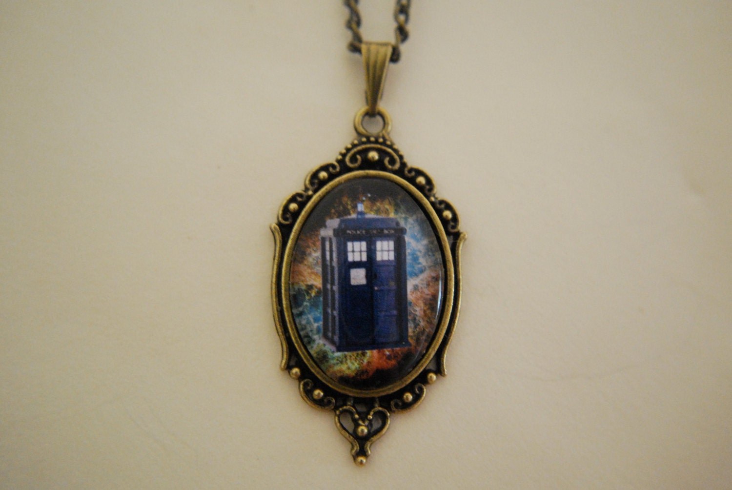 Doctor Who inspired TARDIS galaxy cameo cabochon necklace