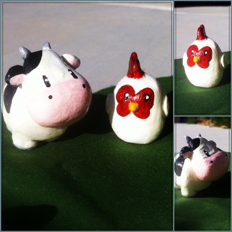 Harvest Moon Cow and Chicken Miniature Scuplture