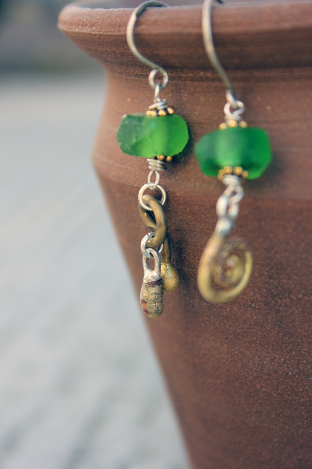 Mismatched earrings - bronze drops - spiral earrings - java glass earrings - mixed metal jewelry  - wire work - OOAK  - rustic jewelry