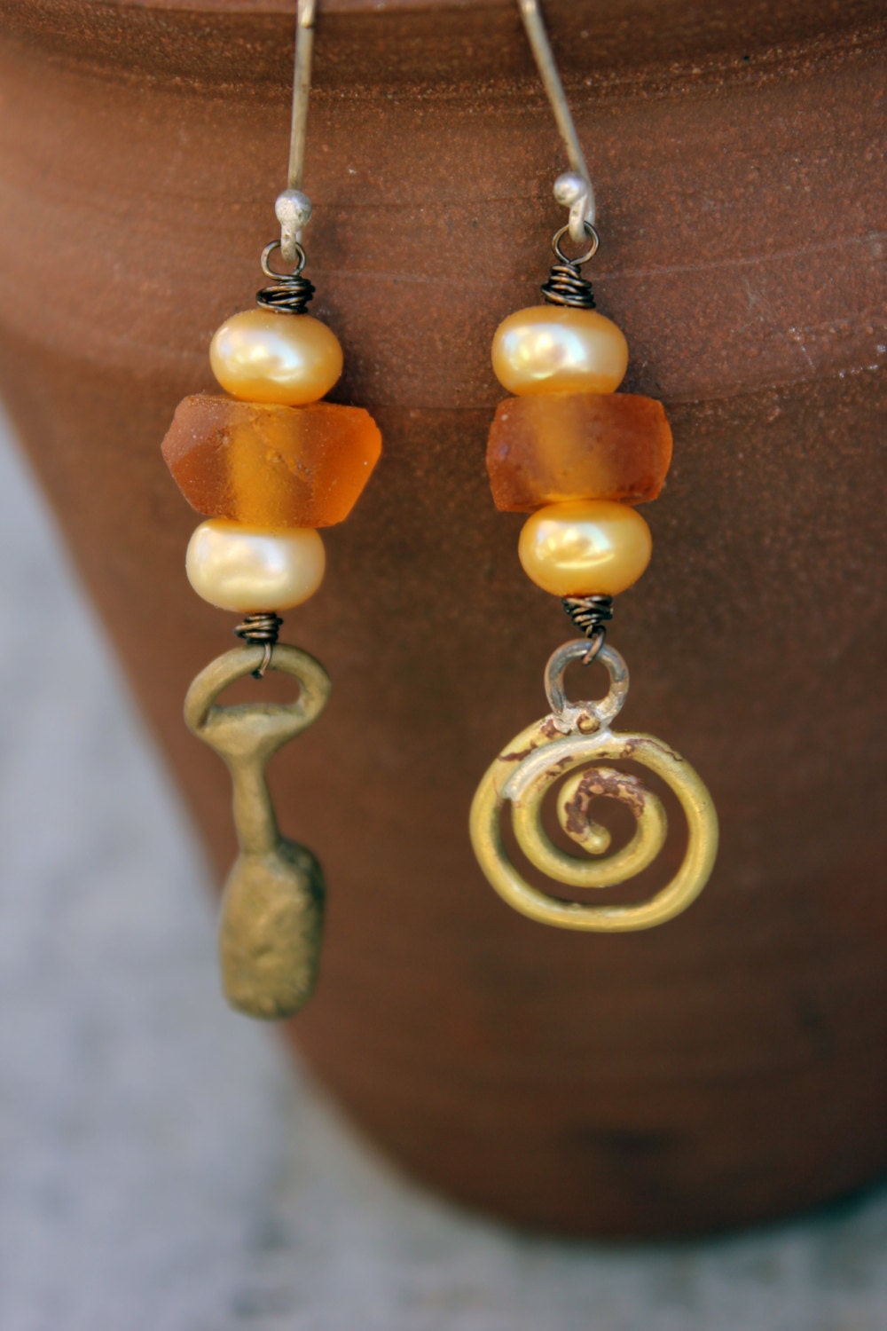 Mismatched earrings - bronze drop - spiral earrings - green jewelry - java glass - mixed metal jewelry  - wire work - OOAK  - rustic jewelry