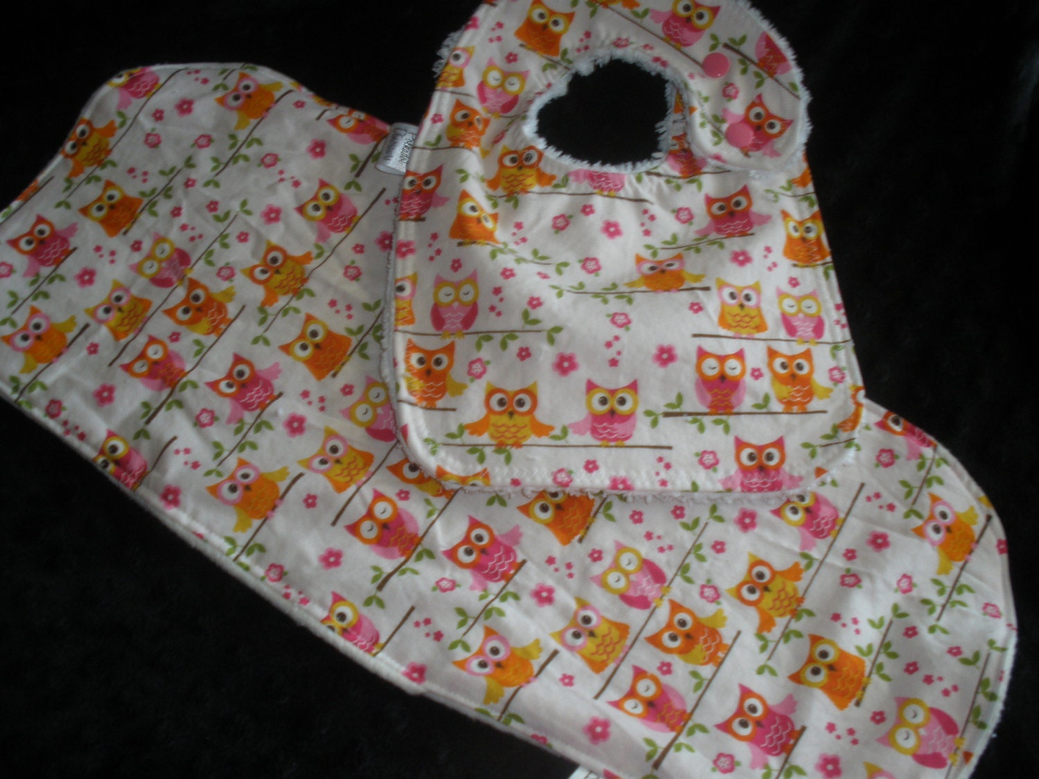 Set of 2:  Orange and Pink Owls on a branch print Infant Bib and matching burp cloth set