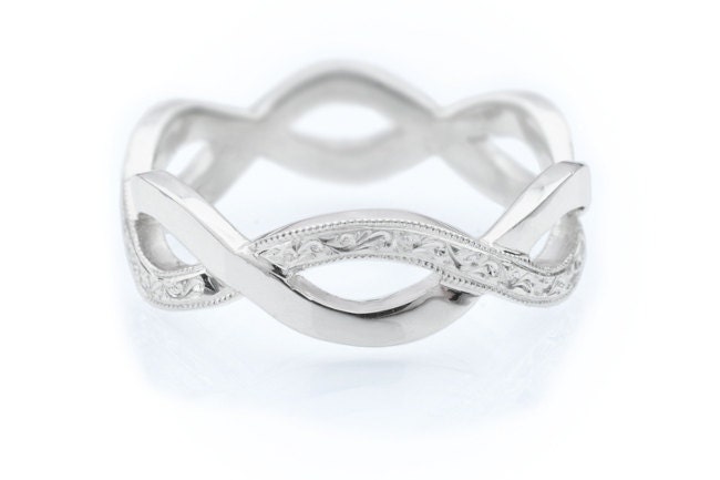 Palladium Eternity Wedding band. Hand engraved intertwine ring. Vintage style. Millegrain. Scroll engraving.