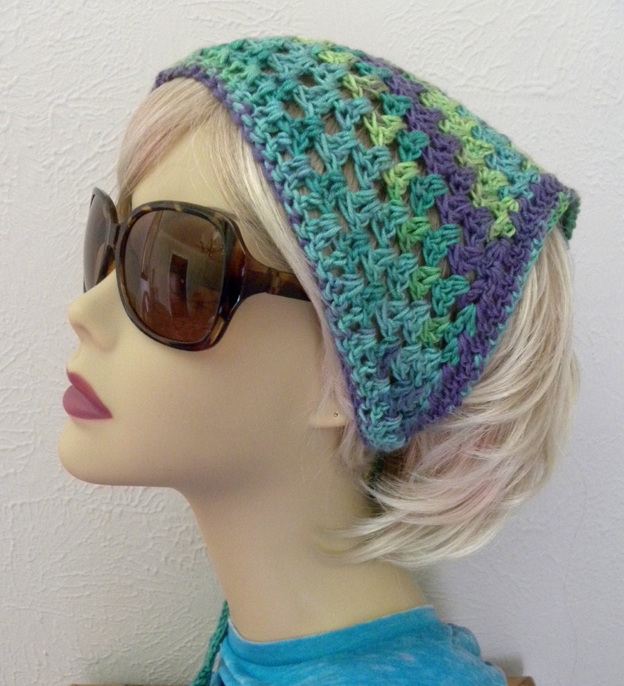 Boho Chic Fashion Kerchief /headscarf hand crocheted womens teens summer accessories bandana headband aqua green purple
