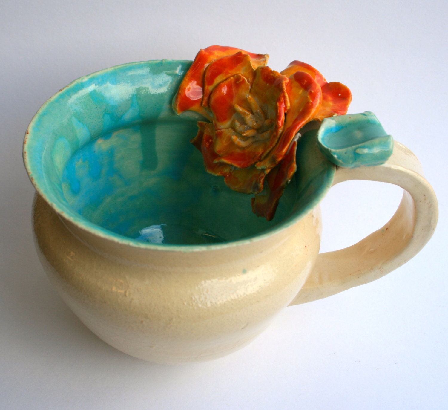 Shabby Chic, Turquoise, Creme, Orange, and Coral Handmade Flower Mug