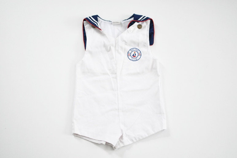 Vintage White and Blue Nautical Overall Romper Outfit for Toddler Boy 24 Mos