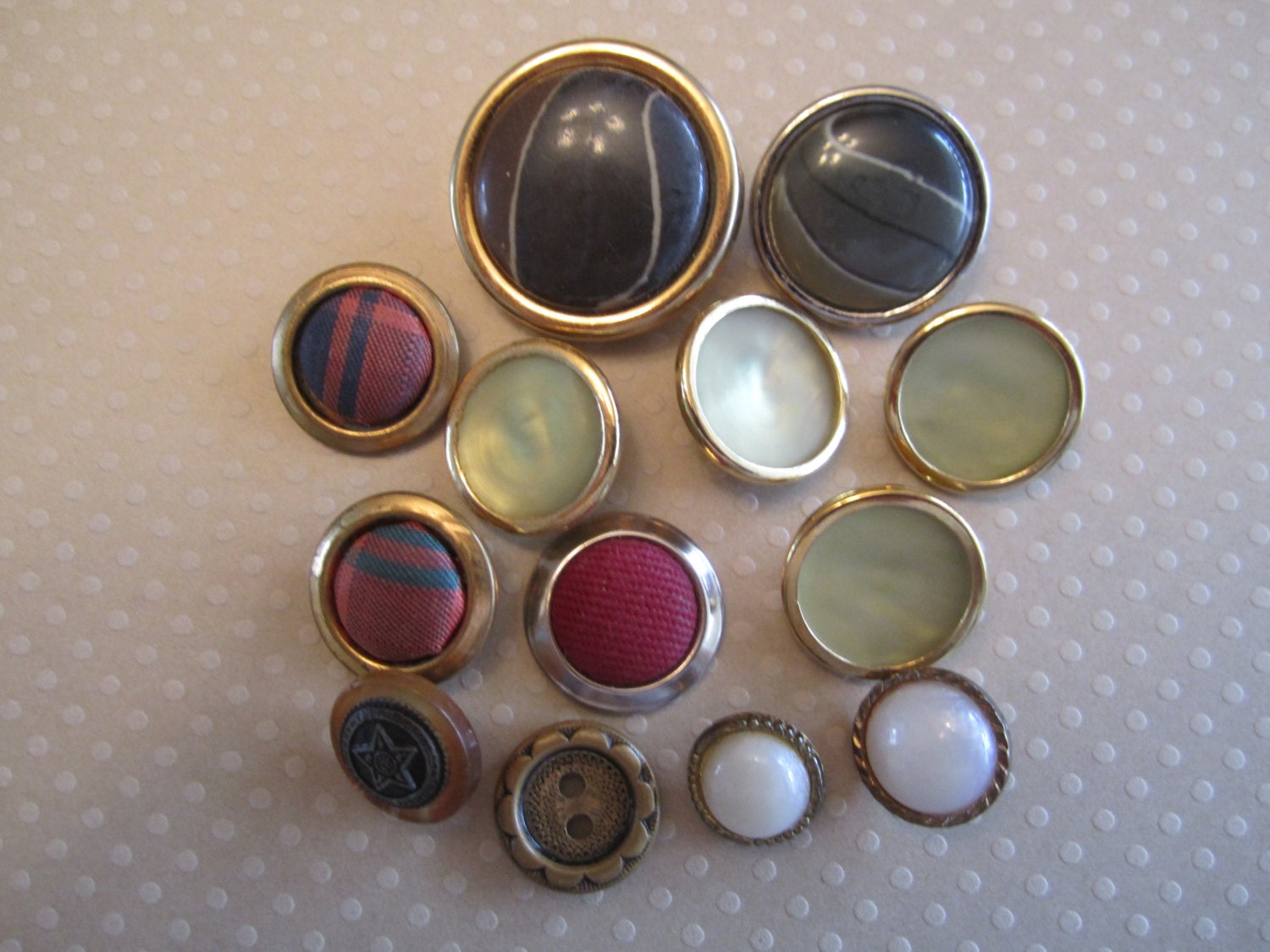 Brass Button Lot of 13, Stone Look Pearlescent Fabric Covered Buttons