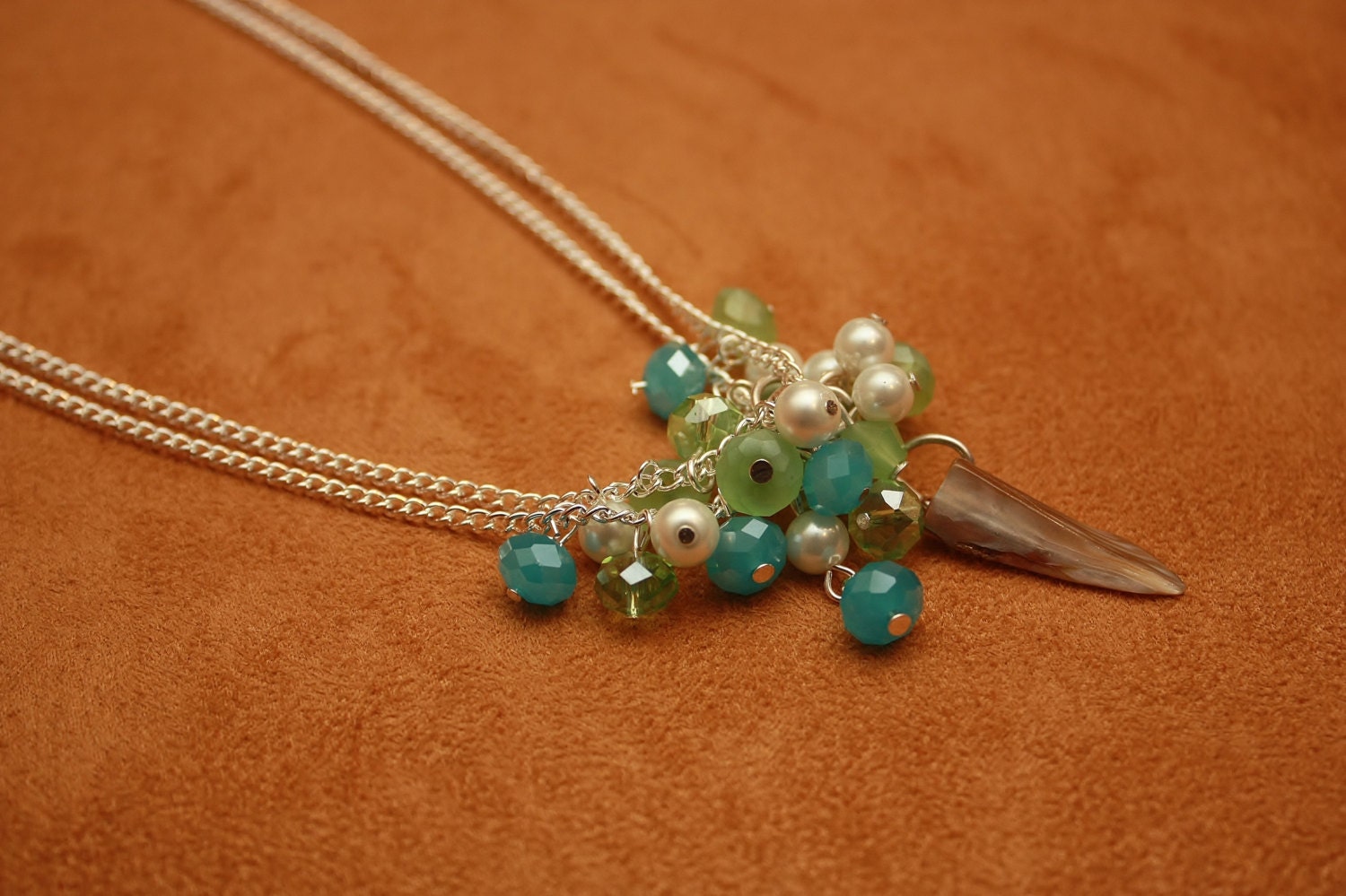 Sea Green/ Ocean Blue Crystals, Silver Chain/ Clasp, Shell Drop Dangle Pendant, Summer Necklace: Artistic Metal, Button and Bead Jewelry
