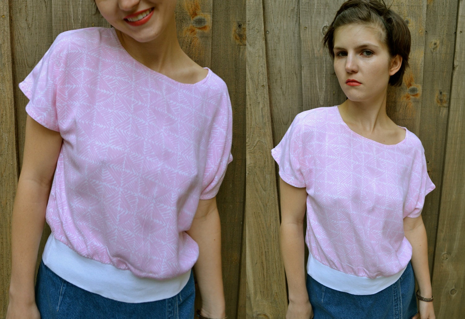 Vintage 80s 90s Pale Pink Geometric Print Top M