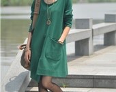 women's yellow black green flax Sexy Casual big Pleat big pocket long sleeve cutton Linen Dress Day dress Sundress Maxi dress qz39