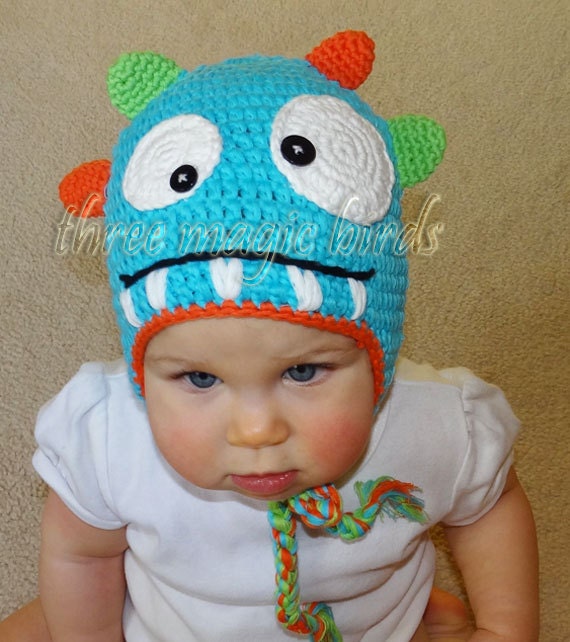 Crochet LIGHT BLUE with Orange and Green Boy Monster Hat Animal Baby Boy Monster Hat Cotton Crochet Hat Adorable Toddler Hat Little Monster