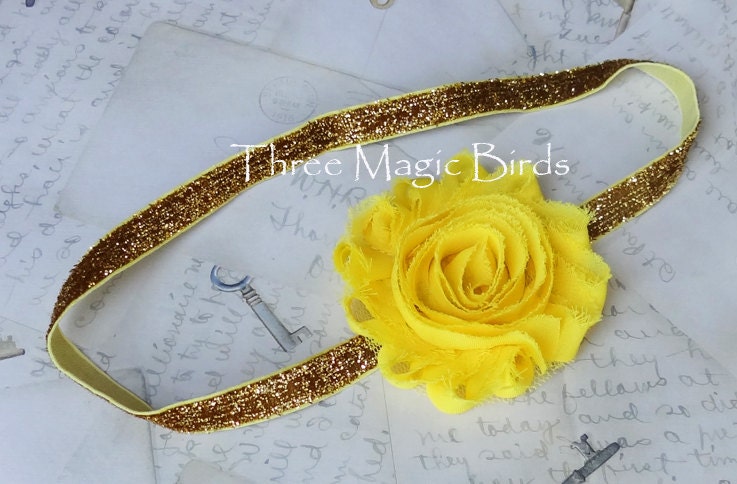 Baby Girl Headband, Yellow and GOLD Sparkle Headband, Shabby Chic Roses Headband, Toddler Headband, Baby Bows, Infant Headband, Photo Prop