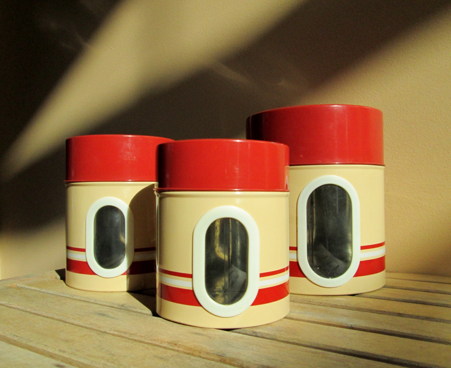 Trio of Vintage Kitchen Canisters with Lids, Cream and Rust Red Stripe
