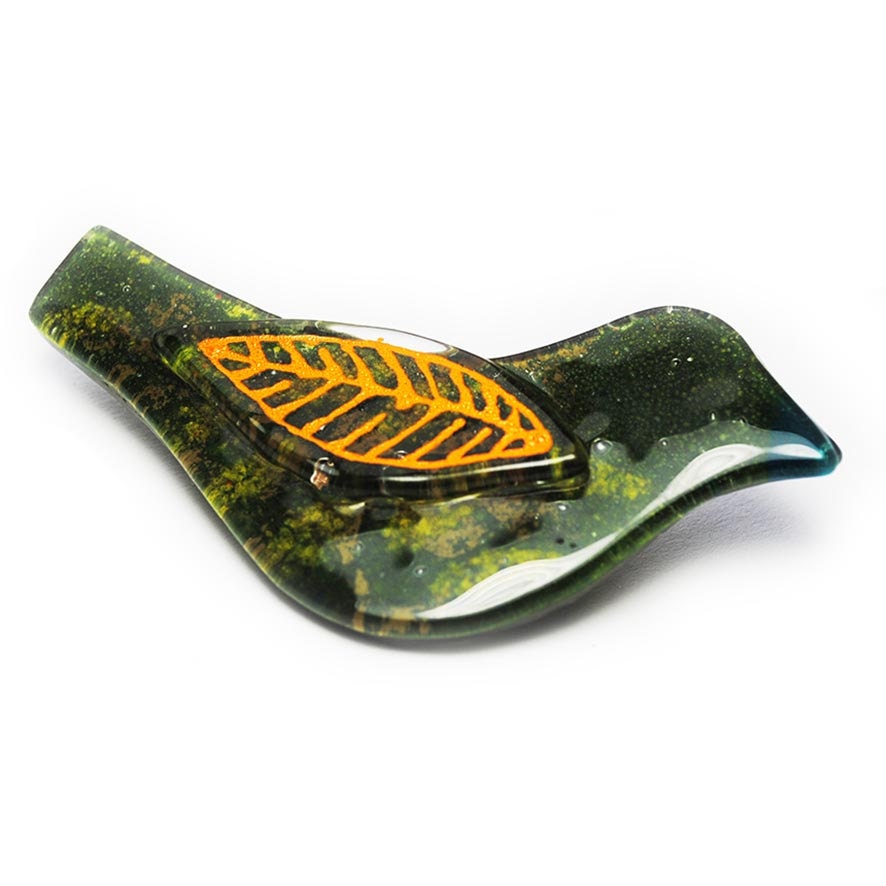 Glass Fusing Bird Brooch with Orange Neon Wing Hand Made - StudioHerniczek