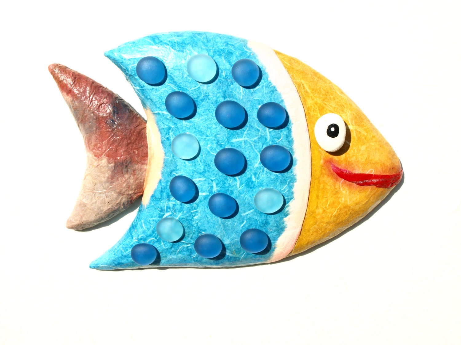 Wall hanging hand made decorative brown and blue fish with white and blue glass beads