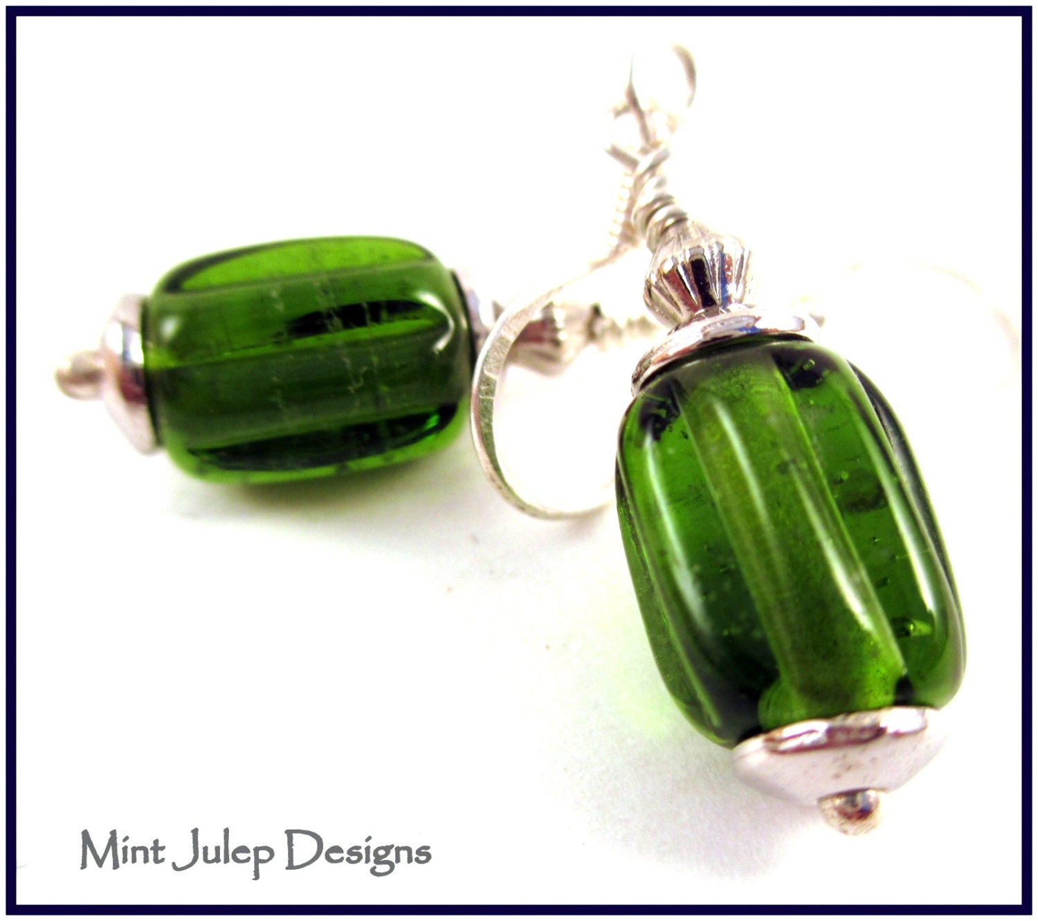 Lampwork Artisan Upcycled Wine Bottle Glass Bead Sterling Silver Dangle Emerald Green Earrings Recycled Glass LETeam