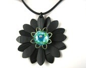 Recycled Bike Inner Tube Daisy Flower Necklace with Green & Blue Lampwork Glass Bead - Upcycled Bike Jewelry, Retro or Modern