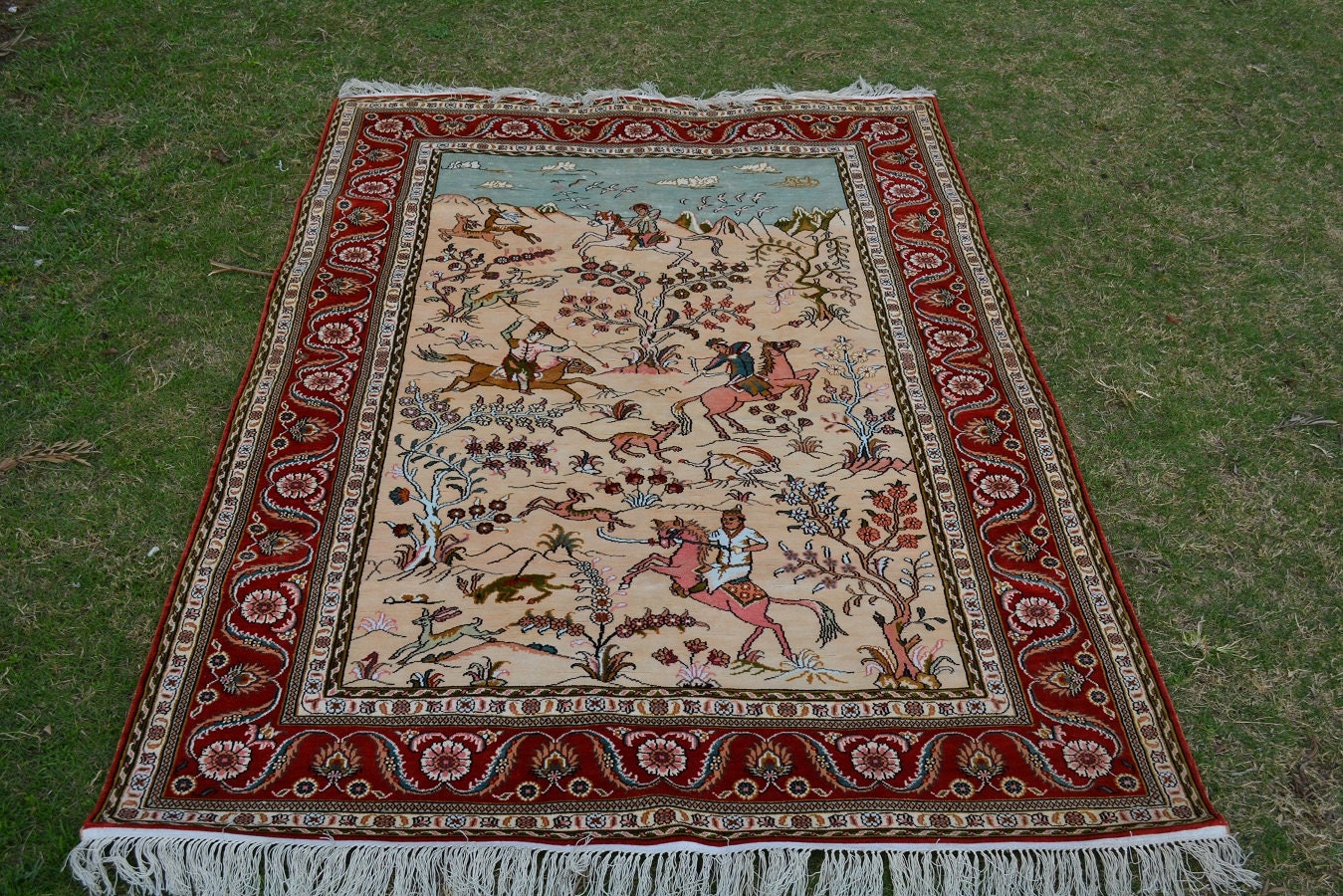 Stunning hand woven pictorial Silk rug/ wall hanging