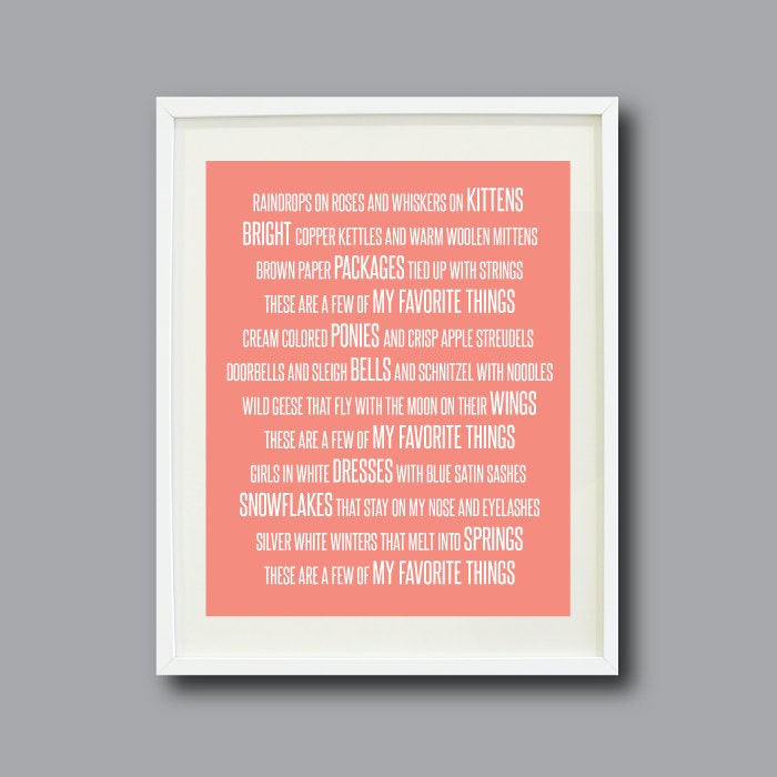 My Favorite Things Art Print for Nursery, Kids Room or Home Décor - 8x10 - Coral and White OR Choose the colors - Typography - Wall Art