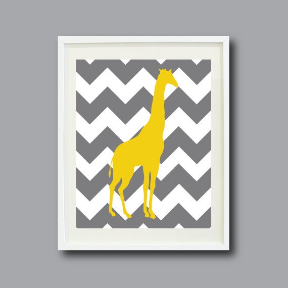 Chevron Giraffe Art Print for Nursery, Kids Room, Home Decor - 11x14 - Grey/Gray and Mustard Yellow OR Choose your own colors- Modern