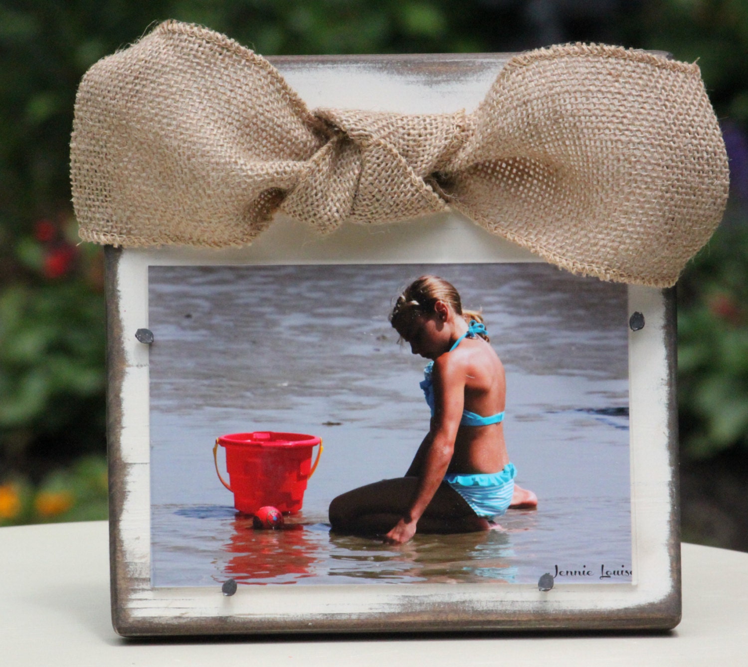 Shabby Chic White Distressed Wooden Frame with a Natural Burlap Bow