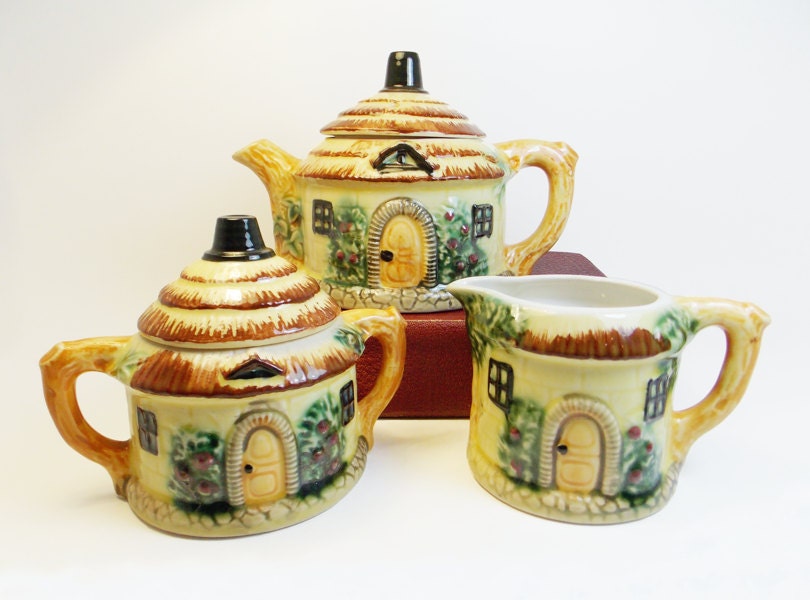 Village Tea-ple: Vintage Three Piece Cottage Shaped Tea Set