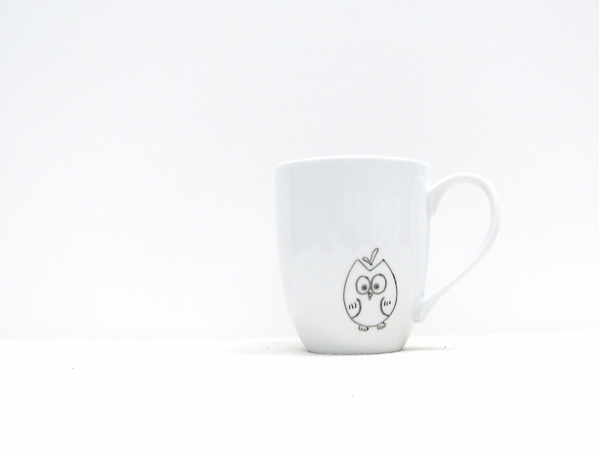 Coffee Mug - Owl Mug -  Cartoon Black Hand drawn Hoot Owl- Black and White Coffee Cup