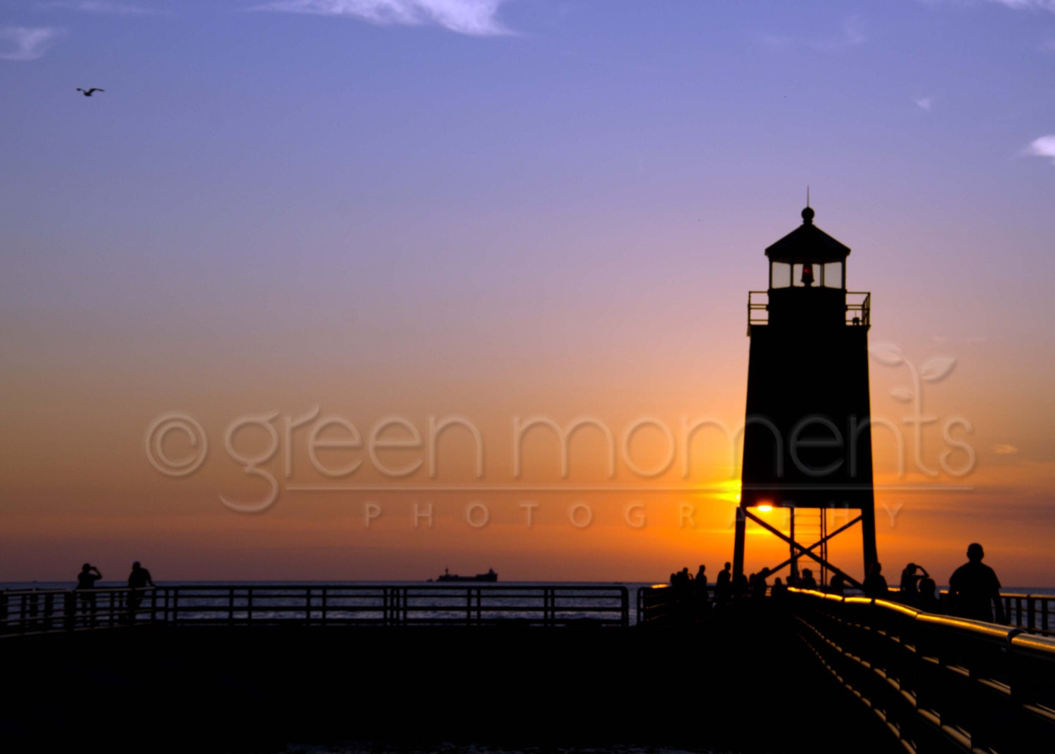 Photograph of ship, seagull and Charlevoix lighthouse at sunset (5" x 7")
