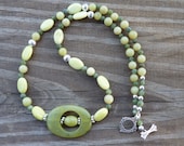 Olive New 'Jade' and Peridot 'Jasper' Natural Gemstone/Stone Beaded Necklace Highlighted with Double Oval Focal - 'Double Oval'