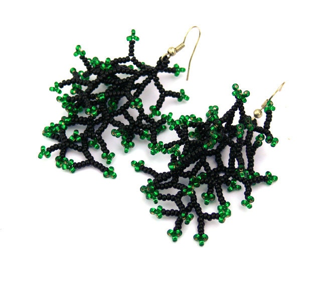 Long  Earrings. Black Green Earrings. Dangle Long Earrings. Beadwork. Beaded  Handmade Jewelry.