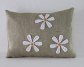 Summer  Sage Green Burlap White Felt Daisy Pillow Cover
