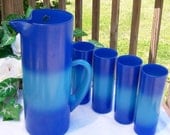 NEW West Virginian Vintage Blue and Light Blue Fade BLENDO GLASS Pitcher with (4) Tall  Glasses / Tumblers Set