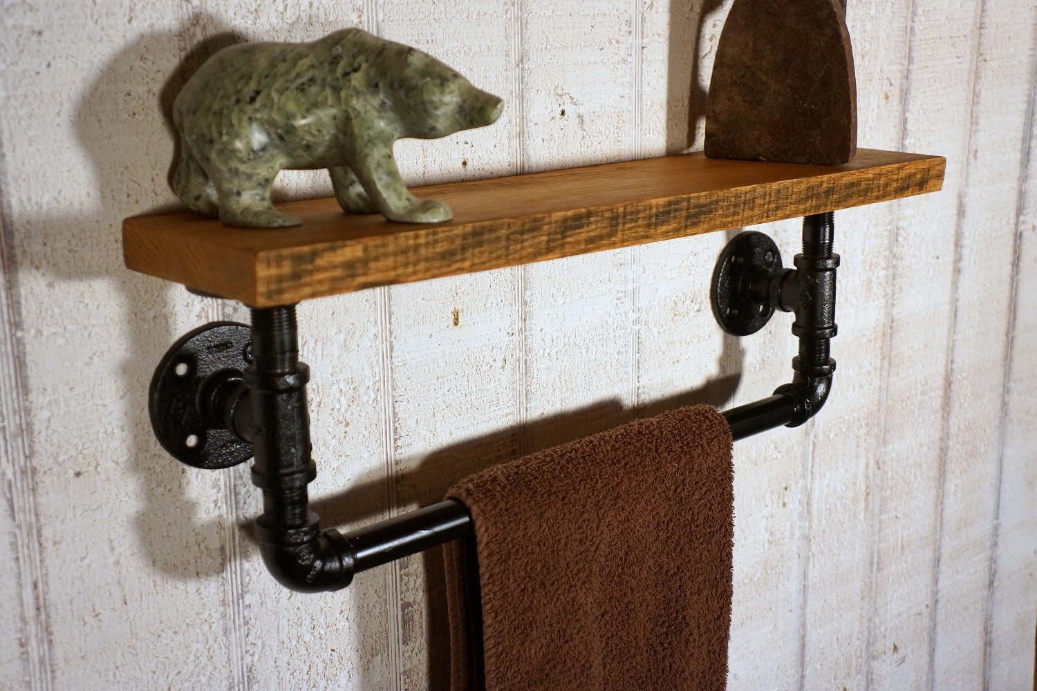 French Country Single Towel Bar With Reclaimed Oak Shelves