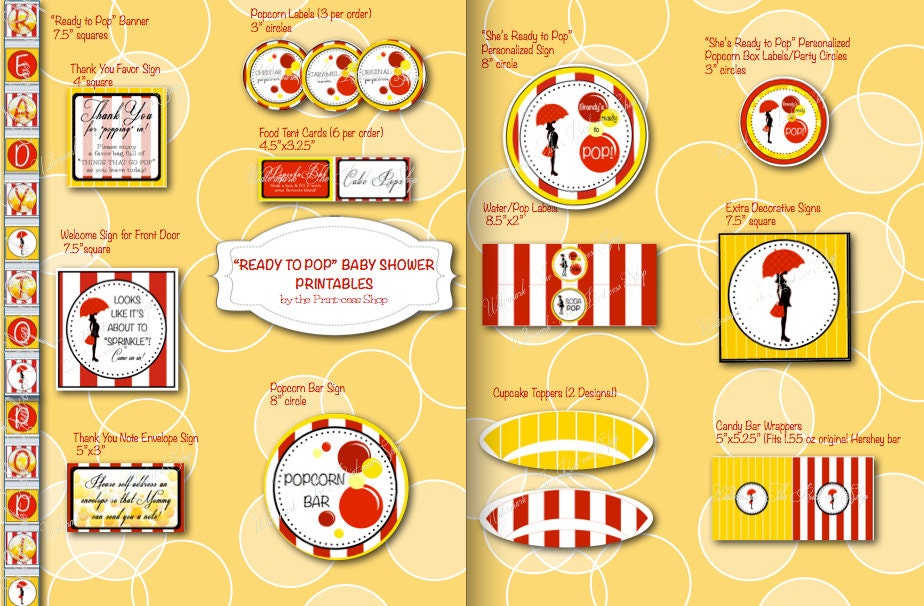 Ready to Pop Baby Shower Printable Decorations Personalized, Customized in Red, Yellow, White, & Black Party Pack Il_170x135