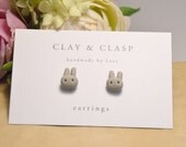 Grey bunny rabbit earrings - beautiful handmade polymer clay jewellery by Clay & Clasp