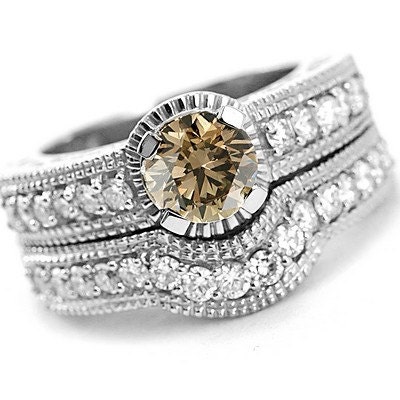 1.88ct VS2 Cognac Champagne Brown Diamond Matching Engagement Ring Wedding Band Set 14k White Yellow Rose Pink Gold Vintage Antique Style
