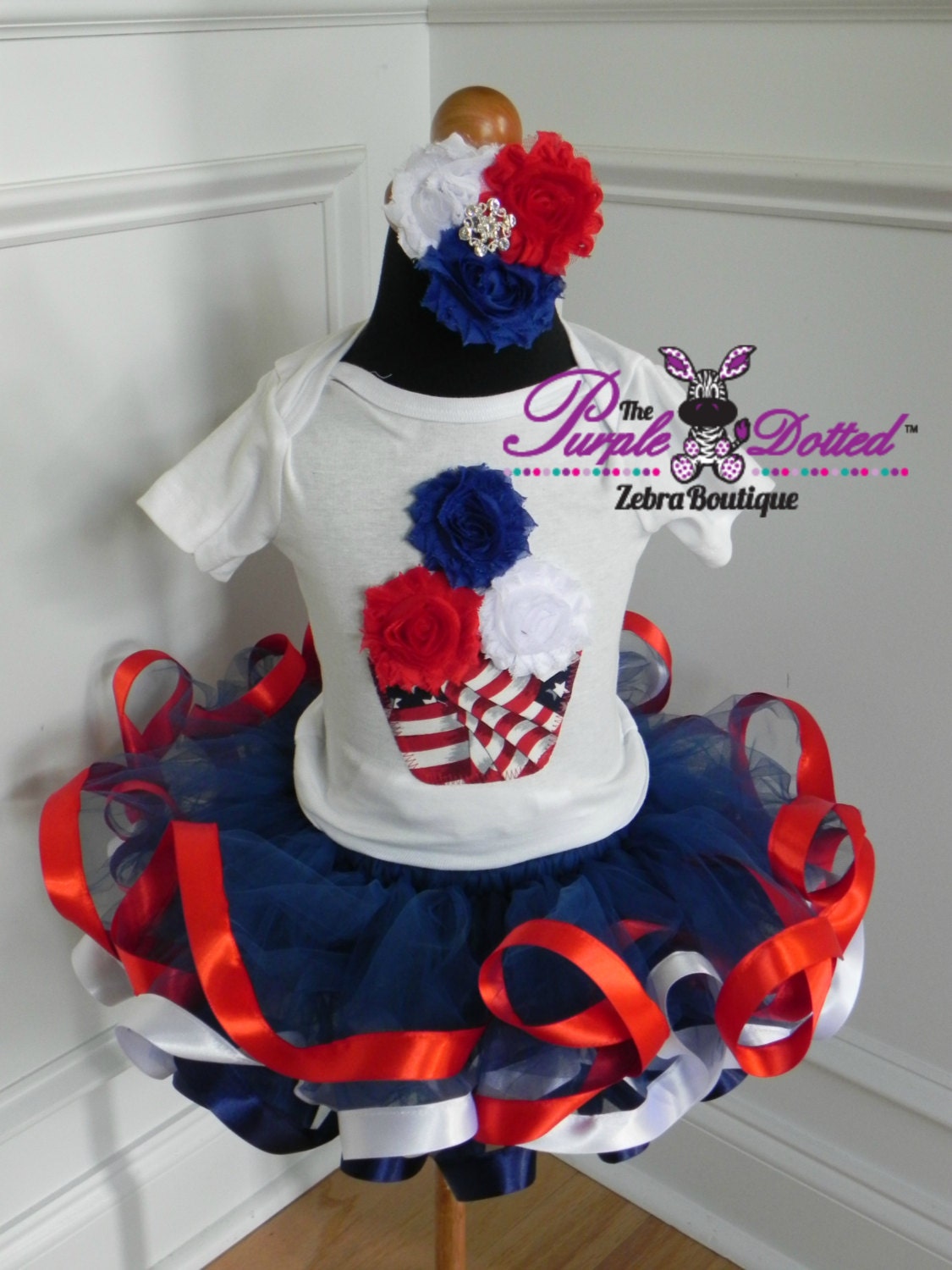 American Sweetheart Ribbon Trim Tutu Set - 4th of July Cupcake Onesie, Ribbon Trim Tutu & Shabby Rhinestone Headband (Newborn - 18M Girls)