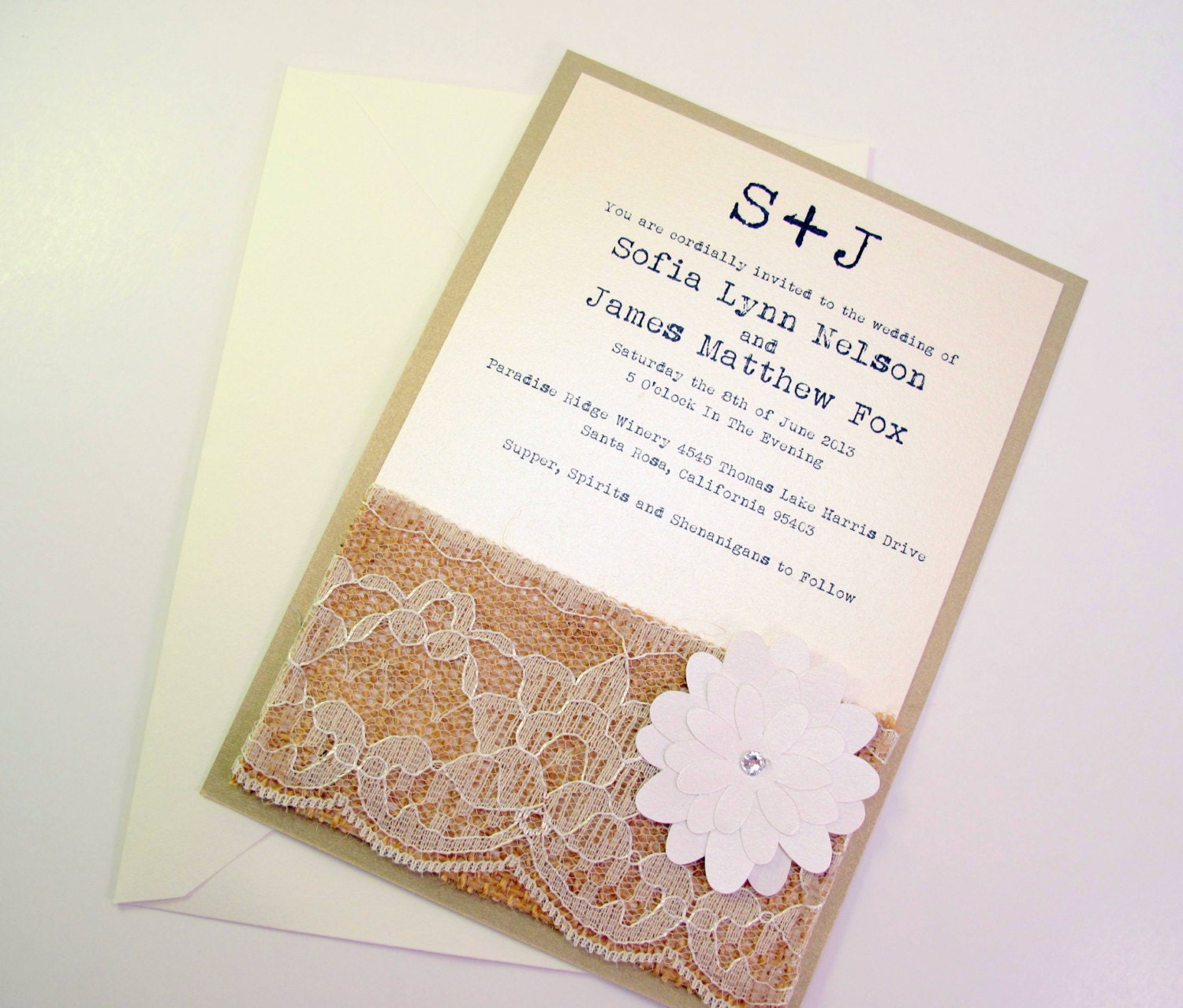 Burlap Lace Rustic Wedding Invitation Invite Shabby Chic - flower