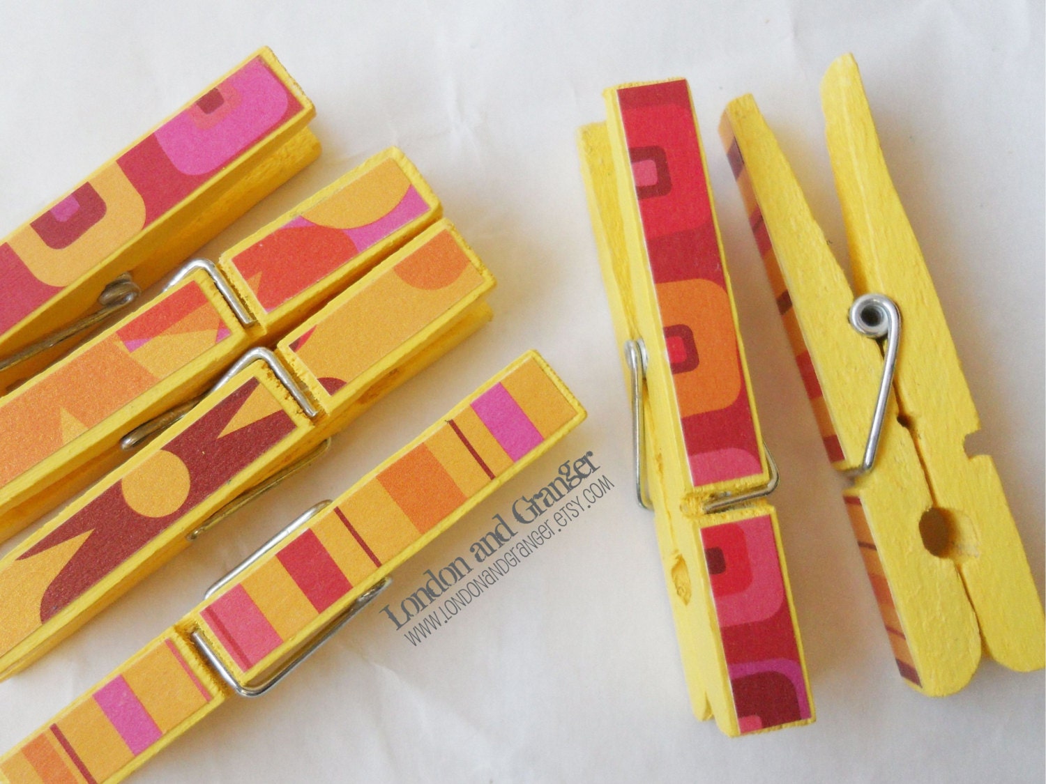 A Little Retro and A Lot of Yellow Hand Painted Clothespins (set of 6) Gift Set, Office Supplies, Home Decor
