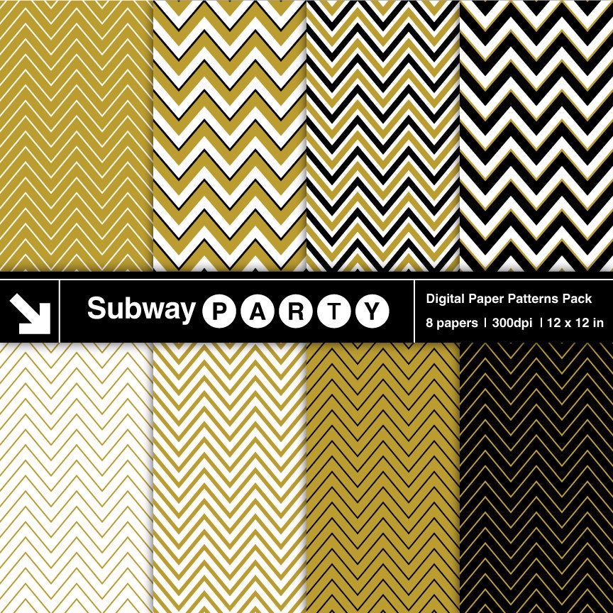 INSTANT DOWNLOAD Gold, Black and White Chevron Digital Papers Pack. Classic Colors. Scrapbook / Invites / Card DIY Kit: 8 x 12"x12" jpg.