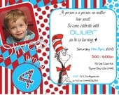 Dr. Suess Children Kids Birthday Party Invitation Red and Blue Cat in the Hat