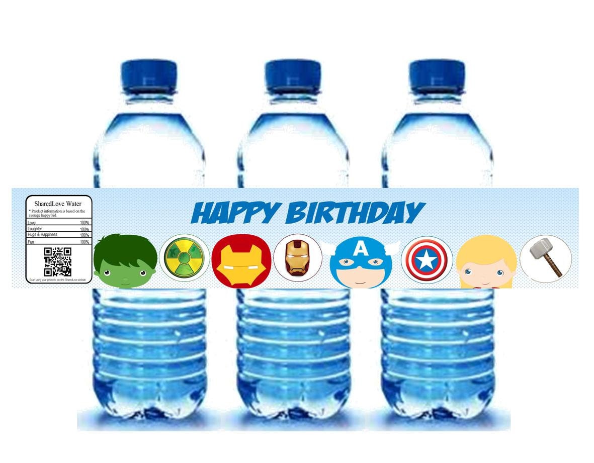 Avengers Superhero squad boy water bottle label birthday party printable PDF Hulk, Captain America, Iron Man, Thor, Black Widow, Hawk Eye