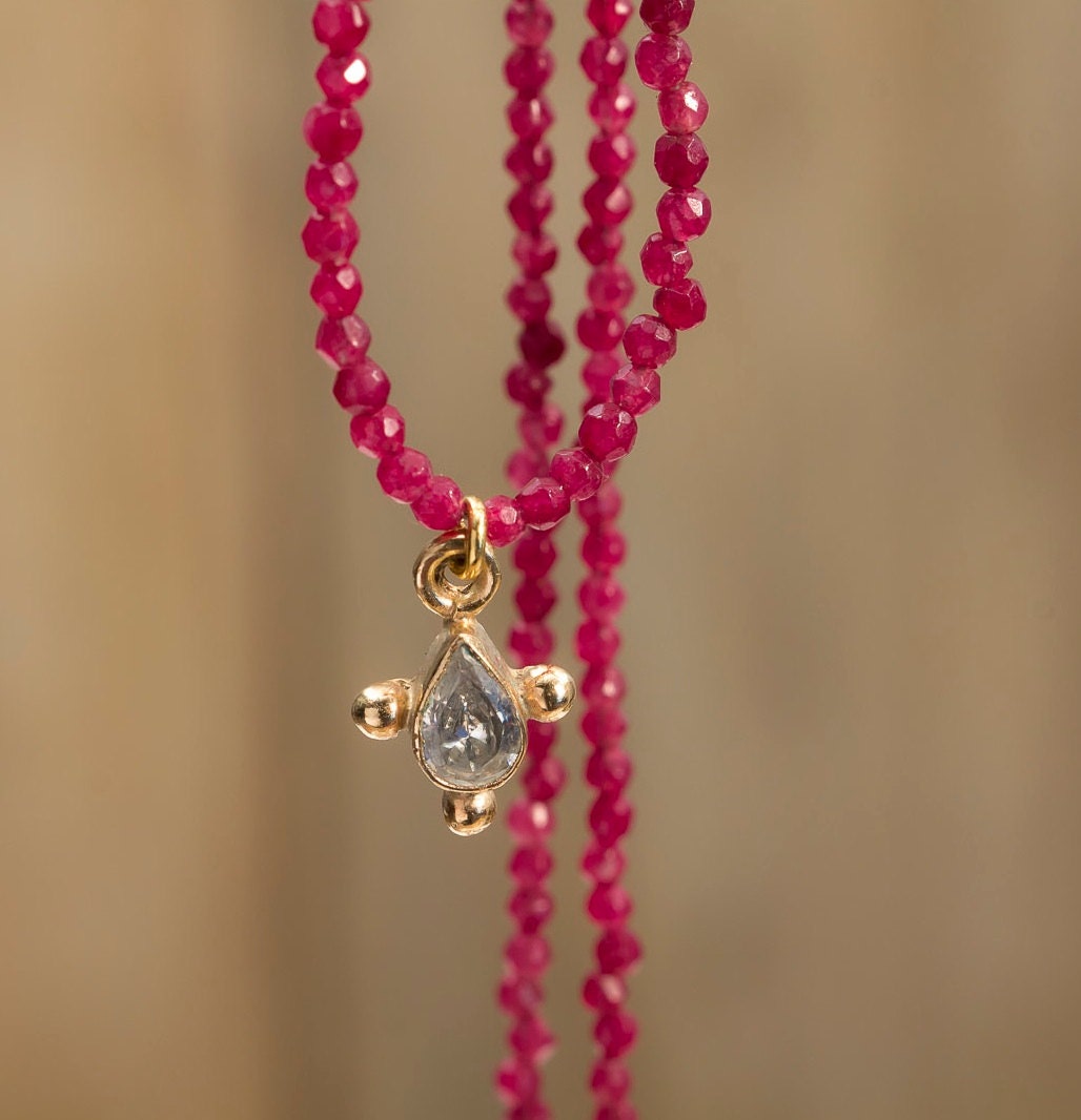 Faceted dark pink jade with aquamarine gold charm necklace - gemstone necklace -