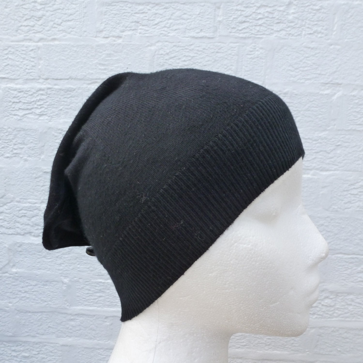 Dark grey slouch hat Crown tucks beanie Recycled merino wool knit vintage style button Ecofriendly headwarmer design 11. 74