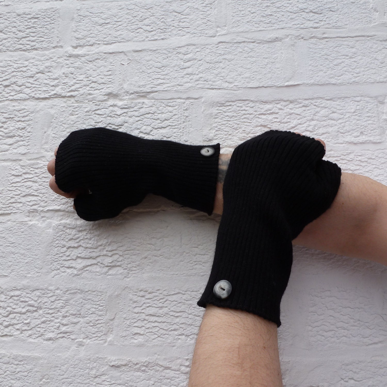 Black merino wool gloves. Fingerless mittens handwarmers. Button Texters mitts