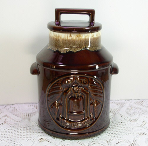 Vintage Pottery Brown Drip Glaze Bicentenial Milk Can Cookie Jar Canister