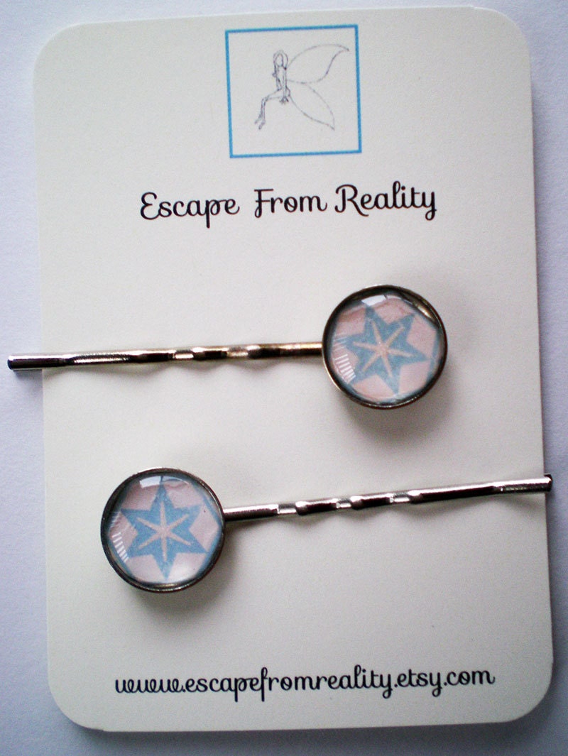 Blue Star Hair Pins- blue and white-pair of bobby pin accessories
