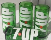 Drinking Glasses Made from 7Up Soda Bottles, Green, Red and White Upcycled Vintage Pop Bottles, Set of Four Tumbler Size