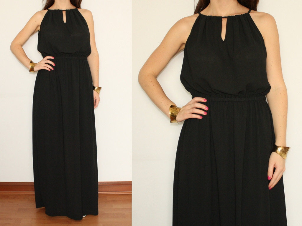 Chiffon Maxi Dress Long Summer Keyhole dress in Black for Women