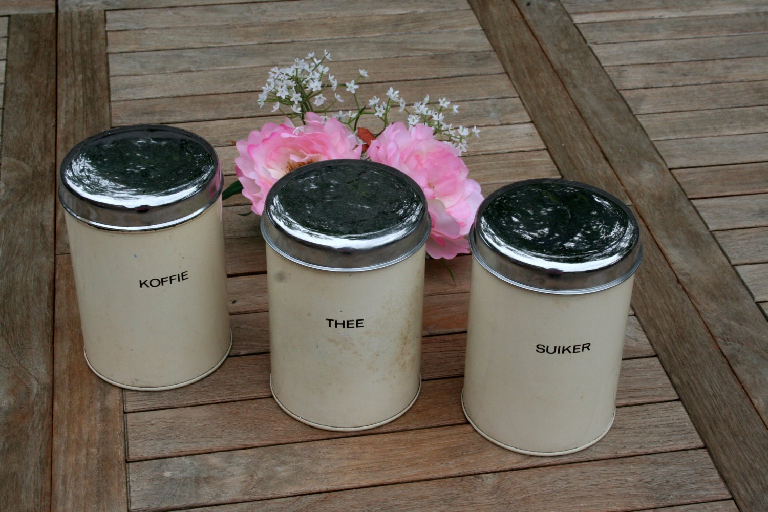 Set of Three Vintage Dutch Canisters Coffee Tea Sugar Tins
