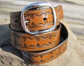 Leather Tooled 1.5 inch Wide Belt with Buckle - Black or Brown